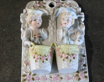 Wall Violet Holder, Porcelain Violet Holder, Porcelain Children Couple, Children with Basket, Porcelain Vase, Wall Vase.