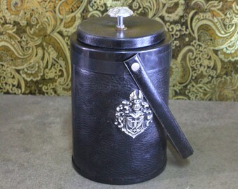 Leather Urn, Black Urn, Container with Handle, Jar with Shield, Black Leather Container, Container with Lid.
