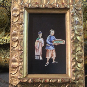 Pittura cinese antica, Pittura di figure cinesi, Gouache su carta di riso, Pittura incorniciata cinese, Pittura orientale, Cornice in legno dorato.