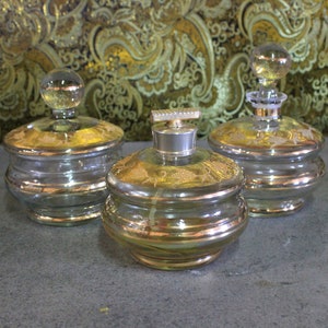 Vintage Vanity Set, Glass Vanity Set, Glass Bottles Set, Glass Perfume Bottle, Golden Decoration Bottles. 50&#39;s Dressing Table Set.