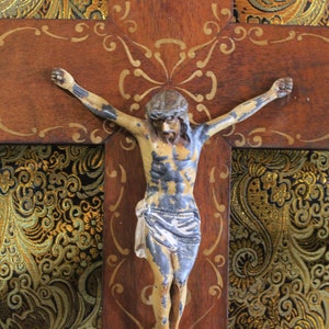 Polychrome lead crucifix, Old Jesus Christ Crucifix, Wooden Cross, Old Wall Crucifix, Spanish Crucifix, Christian Crucifix,
