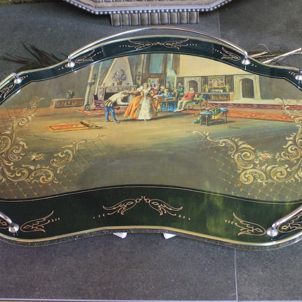 Large Tray 1950, Romantic Scene, Lacquered Vitrified Tray, Tray with Handles, Breakfast Tray, Folding Tray, Tray with Legs