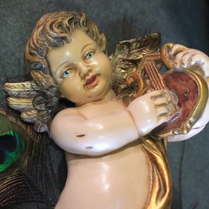 Musician Angel, Cherub Statue, Antique Angel, Plaster Angel, Christian Angel, Wings Angel, Child Angel Sculpture, Cherub Sculpture Decor