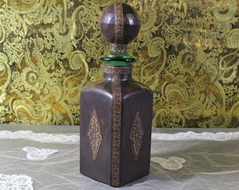 Antigua Botella de Vidrio y Cuero, Botella Licor , Botella Licorera, Botella Cuero Repujado, Botella Vintage,  Botella Whisky