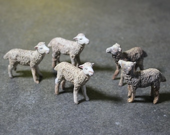 Ancient Set of Clay Sheep, Set of Small Polychrome Baked Clay Sheep, Old Sheep of Bethlehem