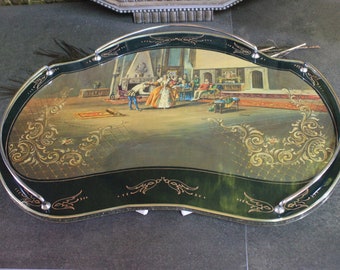 Large Tray 1950, Romantic Scene, Lacquered Vitrified Tray, Tray with Handles, Breakfast Tray, Folding Tray, Tray with Legs