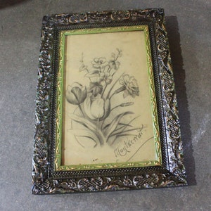 Flower Drawing, Pencil Drawing, Framed Drawing, Signed Drawing, Plastered Frame.