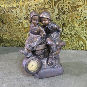 Vintage French Sculpture, Figure of Children, Old Sculpture Children, Image Children with Clock, Plaster Sculpture, Clock. France.
