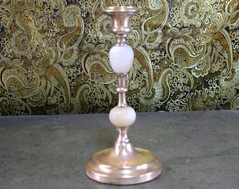 Antiker Messingkronleuchter, Vintage Metallkerzenständer, Metallkerzenhalter mit Alabaster, Antiker Kerzenhalter, Vintage Kronleuchter