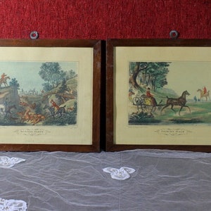 Pair of Antique Prints XIX, English Scene, Hunting Party, Original Frame XIX, Numbered Prints, 1823, Number 8 and 12, C Vernet