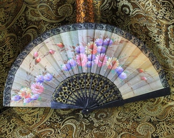 Fan Bouquet Flowers, Fan Screen Printed Fabric, Fan de dentelle noire, Fan en plastique vintage, Fan 70s, Hand Fan