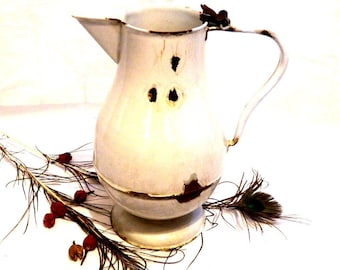 Antique Pitcher, Porcelain Metal Pitcher, Large Pitcher, French Vintage Pitcher, Enameled Metal Jug, Metal White Pitcher, Water Jug