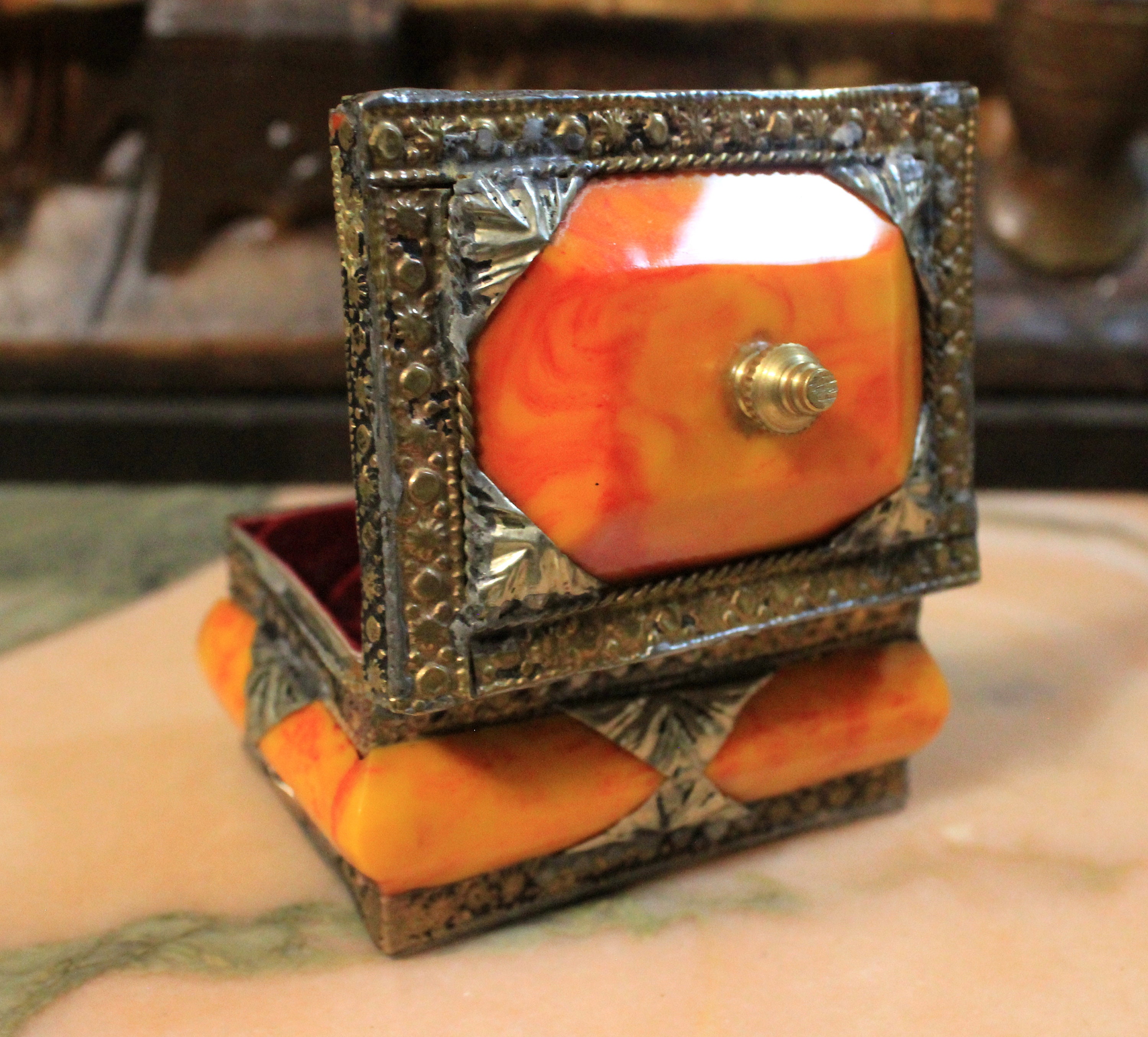 Antique Jewelry Box Metal Box Orange Jewelry Box Silver Etsy