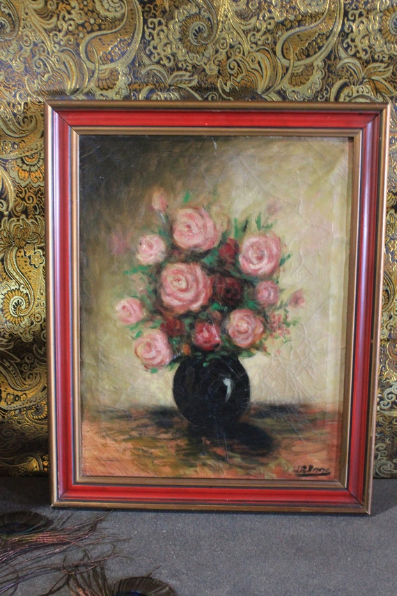 油絵　花　額付き　アンティーク 花の油絵と黒い正方形の額 – Tsubame Märkt