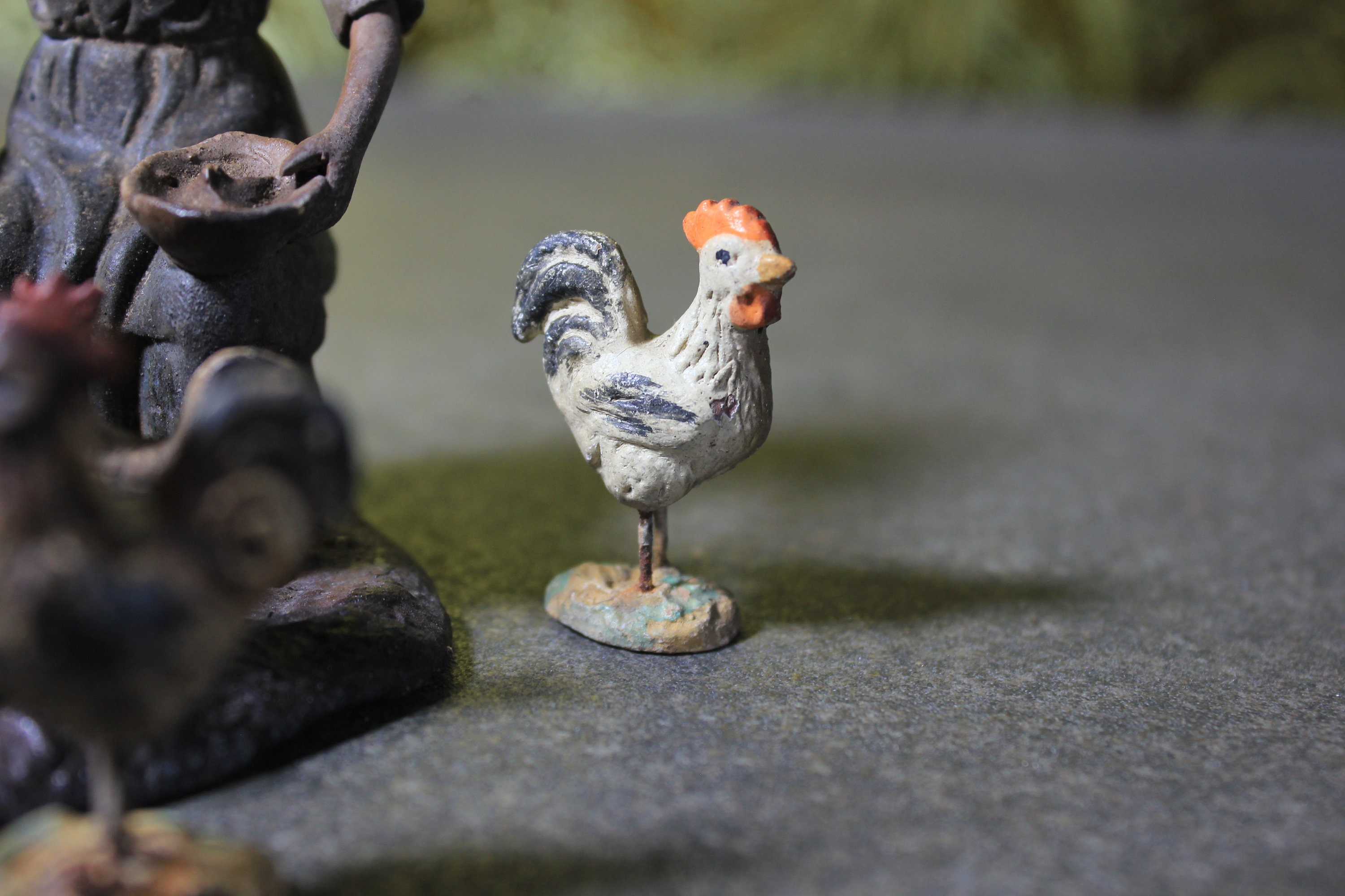 Ancient Set of Clay Roosters With a Farmer, Set of Small Polychrome ...
