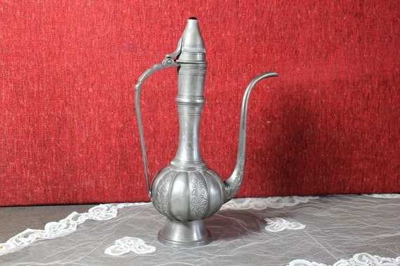 Tetera Árabe, Antigua Tetera, Tetera con Asa, Antigua Tetera Metal, Tetera Vintage, Tetera Decorada, Tetera Plateada, Tetera Única