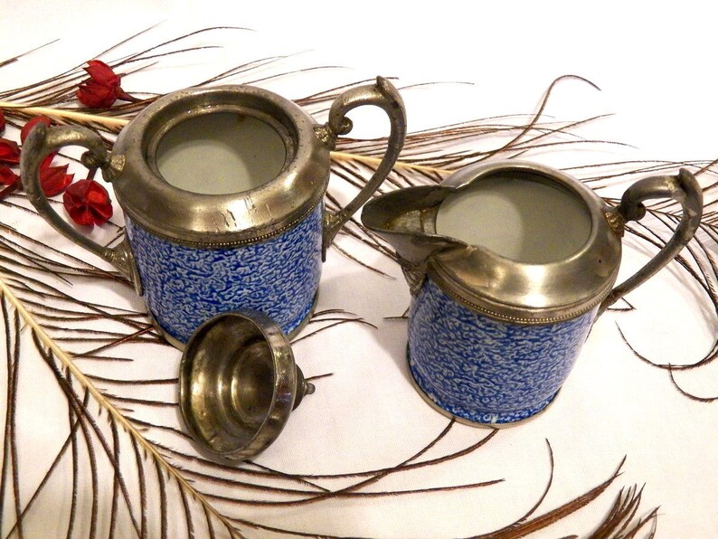 Antique Blue Porcelain Antique Sugar Antique Porcelain Dairy Bowl Vintage Dairy Enameled Porcelain Sugar Bowl Old Porcelain Tea Set