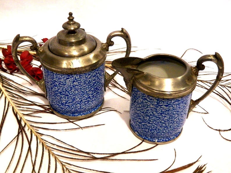 Antique Blue Porcelain Antique Sugar Antique Porcelain Dairy Bowl Vintage Dairy Enameled Porcelain Sugar Bowl Old Porcelain Tea Set