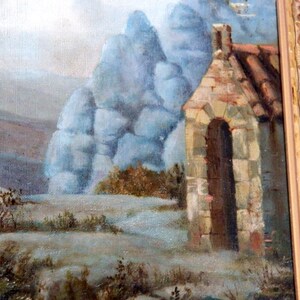 May include: A painting of a stone building with a rounded archway, set against a backdrop of blue-grey mountains and a cloudy sky.