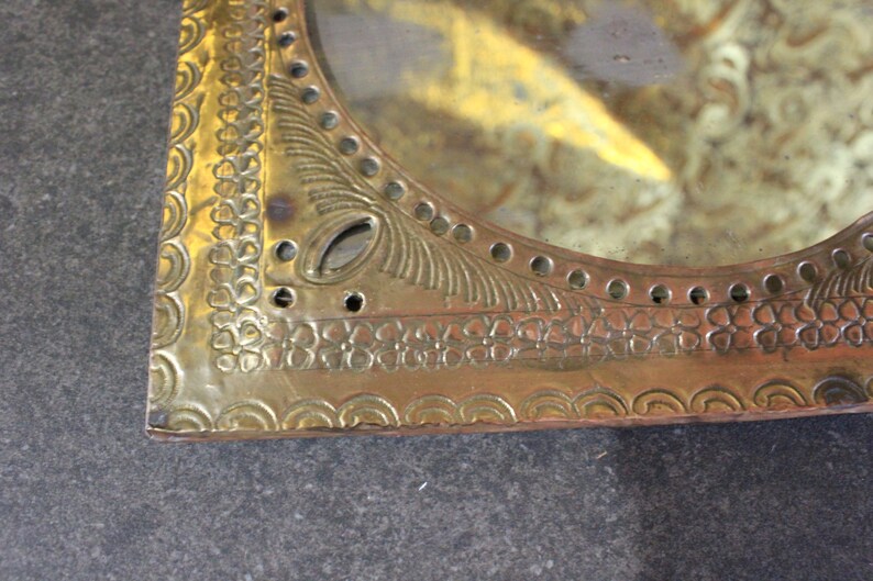 Antique Embossed Brass Mirror, Antique Mirror, Brass Frame, Wall Mirror, Embossed Frame, Circular Mirror, Square Frame, Moroccan Mirror image 3