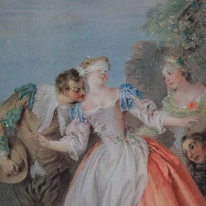 Antique Lithograph, Framed Lithograph, Gold Frame, Scene Lithograph, Blind Hen, Color Lithograph.