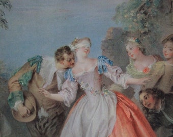 Antique Lithograph, Framed Lithograph, Gold Frame, Scene Lithograph, Blind Hen, Color Lithograph.