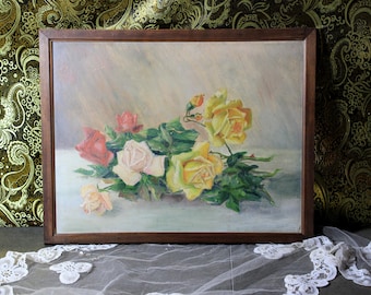 Oil on Canvas, Flower Painting, Spanish Painting, Realistic Painting, Floral Still Life, Rose Painting, Vintage Oil Painting