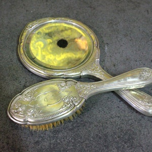 Vintage Dressing Table Set, Silver Brass Hand Mirror, Silver Bath Brush, Antique Mirror with &quot;RT&quot; Anagram, 1920s, French Set