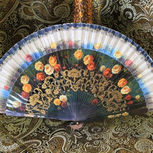 Art Deco Fan, Antique Flowers Fan, Hand Painted Fabric Fan, Openwork Wood Fan, 30s Fan, Hand Fan, Spanish Fan