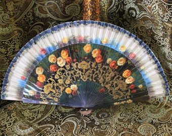 Art Deco Fan, Antique Flowers Fan, Hand Painted Fabric Fan, Openwork Wood Fan, 30s Fan, Hand Fan, Spanish Fan