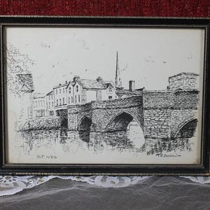 Original drawing, framed drawing, ink drawing, bridge landscape drawing, author drawing