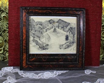 Originele tekening, ingelijste tekening, inkttekening, landschapshuistekening, tekening van de auteur