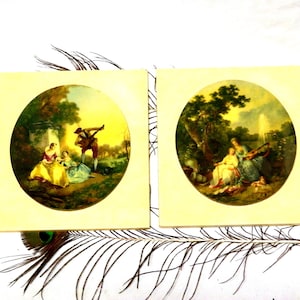 Pair Lithographs, 50's Lithographs, Fragonard Scenes, 2 Fragonard Style Lithographs, Oval Lithographs, Marble False Frame, Romantic Scene