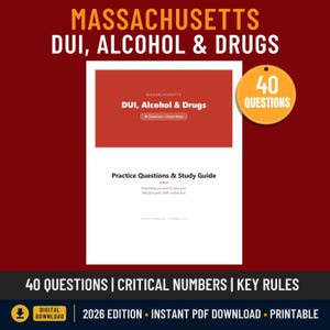 以下が含まれることがあります： 「Massachusetts DUI, Alcohol & Drugs」と題された40問の質問とチートシートを含むデジタル学習ガイド。赤いヘッダー、白い背景、2026年版の40問であることを示す黄色い円形のバッジが特徴です。