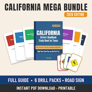 Op de afbeelding: Een California Drivers Handbook studie gids bundel voor tieners. De bundel bevat een blauw boek, zes oefenpakketten en verkeersbord flashcards. De tekst op het boek luidt "2026 Edition" en "Help Your Teen Pass on the First Try."