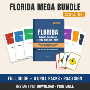 May include: The image showcases a "FLORIDA MEGA BUNDLE" for teens, including a study book, drill packs, and road sign flashcards. The blue book, titled "FLORIDA Drivers Handbook Study Book for Teens," is surrounded by practice question booklets and road sign cards. The bundle is labeled as the "2026 EDITION."