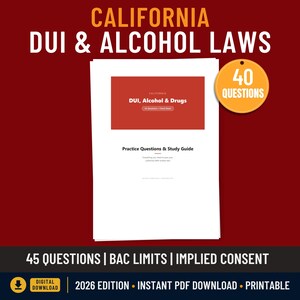 Op de afbeelding: Een studiehandleiding voor de Californische wetten inzake rijden onder invloed en alcohol. De titel staat in grote witte letters tegen een donkerrode achtergrond. De gids bevat oefenvragen en een studiehandleiding.