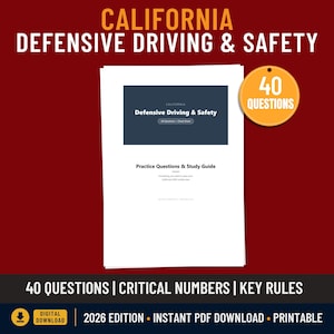 Op de afbeelding: Een wit document met de titel "CALIFORNIA DEFENSIVE DRIVING & SAFETY" in vette, witte letters. Het document bevat een sectie getiteld "Practice Questions & Study Guide" en een cirkelvormige oranje afbeelding met het nummer "40 QUESTIONS".