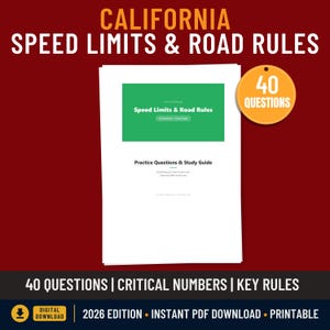 Op de afbeelding: Een studiehandleiding getiteld "CALIFORNIA SPEED LIMITS & ROAD RULES" met een groen-witte omslag. De gids bevat 40 vragen en is gelabeld als de editie van 2026. De tekst "Practice Questions & Study Guide" is ook zichtbaar.
