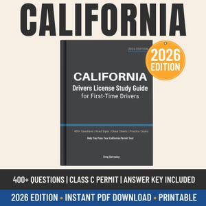 Op de afbeelding: Een donkergrijs boek getiteld "CALIFORNIA Drivers License Study Guide for First-Time Drivers" met "2026 EDITION" op de cover. Het boek heeft blauwe accenten en bevat de tekst "400+ QUESTIONS | CLASS C PERMIT | ANSWER KEY INCLUDED".