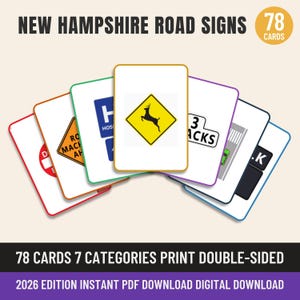 May include: A set of 78 New Hampshire road sign cards arranged in a fan shape. Each card features a white background with a coloured border and a specific traffic sign illustration, including a yellow deer crossing sign and a blue hospital sign.