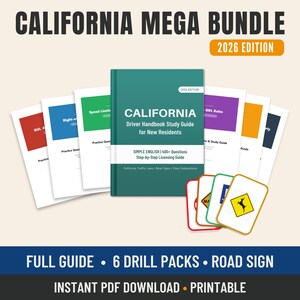 Op de afbeelding: Een California Driver Handbook Study Guide voor nieuwe inwoners, met 6 oefenpakketten en verkeersbordkaarten. De omslag is turquoise met witte tekst en de bundel is de 2026 editie. De tekst "Instant PDF Download • Printable" is ook inbegrepen.