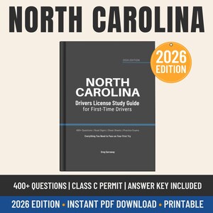 May include: A black North Carolina Drivers License Study Guide for First-Time Drivers book, 2026 Edition. The cover features white text, a blue horizontal line, and a circular orange 2026 Edition badge. It includes 400+ questions, road signs, cheat sheets, and practice exams.