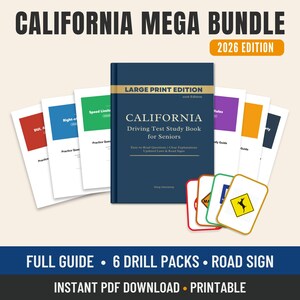 Op de afbeelding: Een studiebundel voor het Californische rijexamen. De bundel bevat een studieboek in grootletterdruk, zes oefenpakketten en verkeersbordkaarten. Het boek is marineblauw met gouden letters. De tekst luidt "CALIFORNIA MEGA BUNDLE 2026 EDITION".
