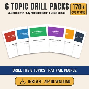 May include: Six Oklahoma DMV topic drill packs featuring 170+ questions, key rules, and six cheat sheets. The documents are displayed in a fan layout with colored headers including red, blue, green, purple, orange, and dark gray. Text includes Drill the 6 topics that fail people and Instant Zip Download.