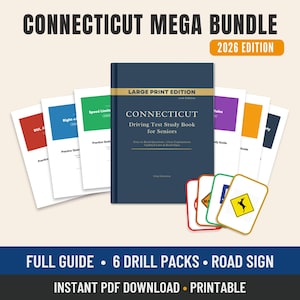 Op de afbeelding: Een Connecticut Mega Bundle 2026 Edition rijbewijsstudieboek voor senioren, met een donkerblauwe kaft en grote letters, vergezeld van zes kleurrijke oefenpakketten en een set verkeersbord-flashcards, alles als een digitale download.