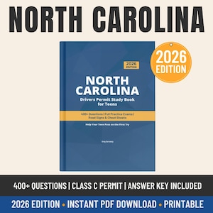 May include: A blue North Carolina Drivers Permit Study Book for Teens, 2026 Edition. The cover features white text, a yellow horizontal band, and a circular 2026 Edition badge. It includes 400+ questions, full practice exams, road signs, and cheat sheets.