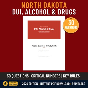 以下が含まれることがあります： North Dakota DUI, Alcohol & Drugsと題された30問の練習問題を含むデジタル学習ガイド。赤いヘッダー、白い背景、30 Questionsと書かれた黄色い円形のバッジが特徴です。テキストには2026 Edition、Instant PDF Download、Printableが含まれています。
