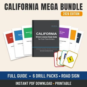 Op de afbeelding: Een California Drivers License Study Guide voor beginnende bestuurders, met 6 oefenpakketten en verkeersbordkaarten. De omslag is zwart met witte tekst. De titel is "CALIFORNIA MEGA BUNDLE 2026 EDITION".