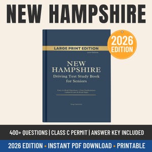 May include: A dark blue study book titled New Hampshire Driving Test Study Book for Seniors, Large Print Edition, 2026 Edition. The cover features white text, a gold horizontal band, and an orange circular badge indicating 2026 Edition.